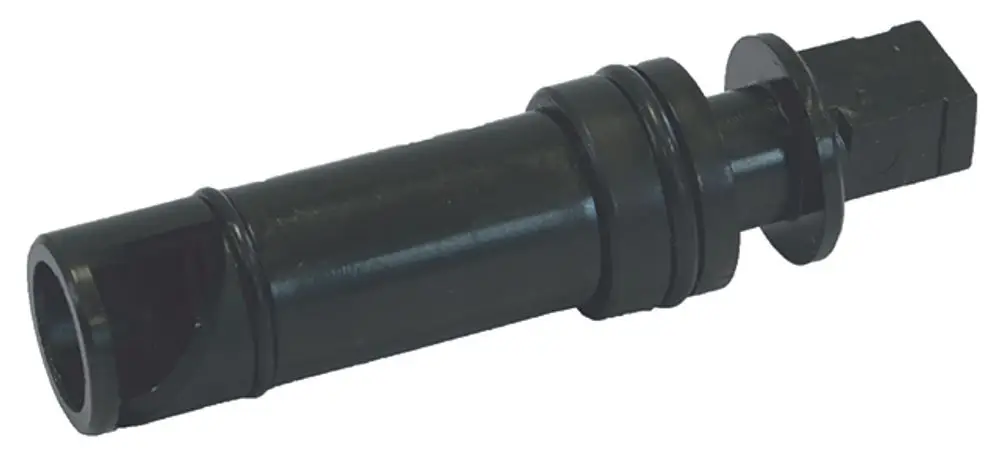 Schwarzes Verbindungselement von Syr mit الitzenden Ringen und einem quadratischen Stecker. Es sieht aus wie ein Bestandteil für Installationen oder Anschlüsse.